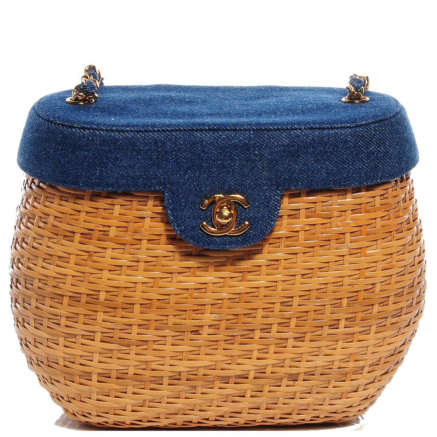 Denim Rattan Basket Shoulder Bag Blue