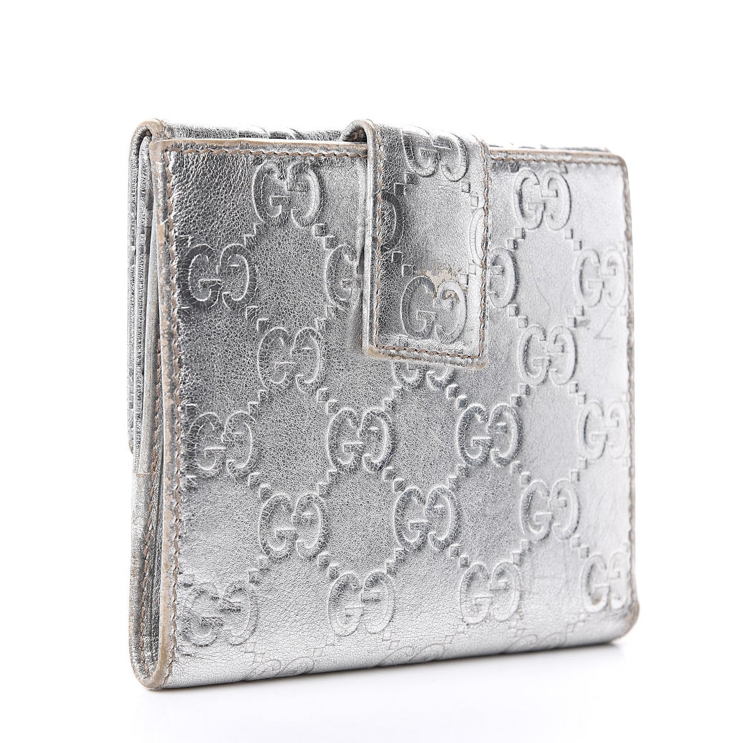 Metallic Guccissima Metal Bar French Flap Wallet Silver