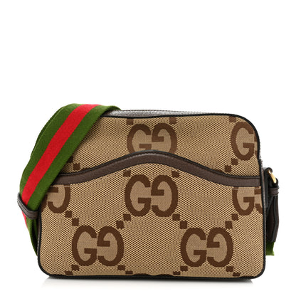 Gucci Monogram Jumbo GG Textured Dollar Calfskin Web Messenger Shoulder Bag Camel Ebony New Acero 1 of 15