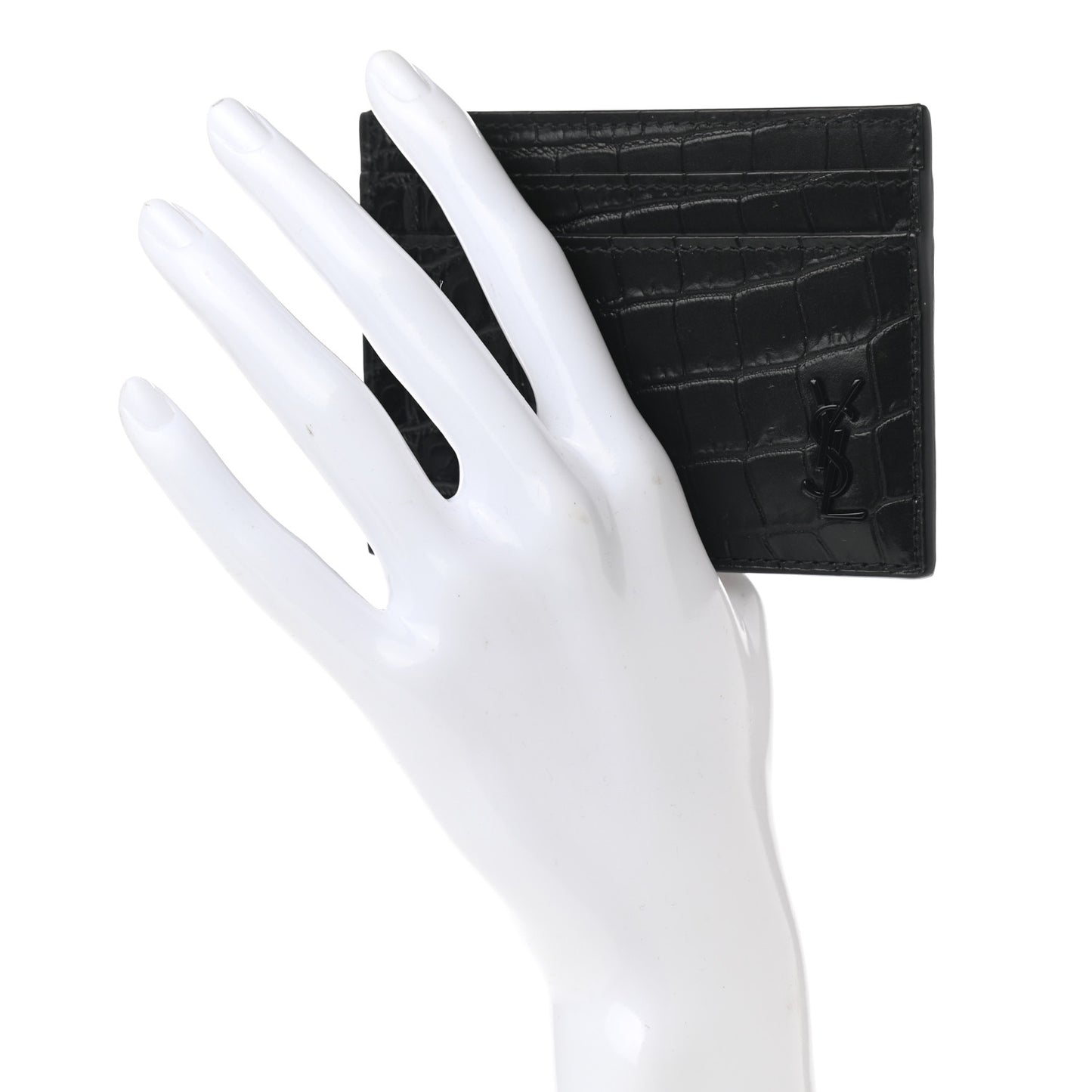 Calfskin Crocodile Embossed Monogram Tiny Cassandra Credit Card Case Black