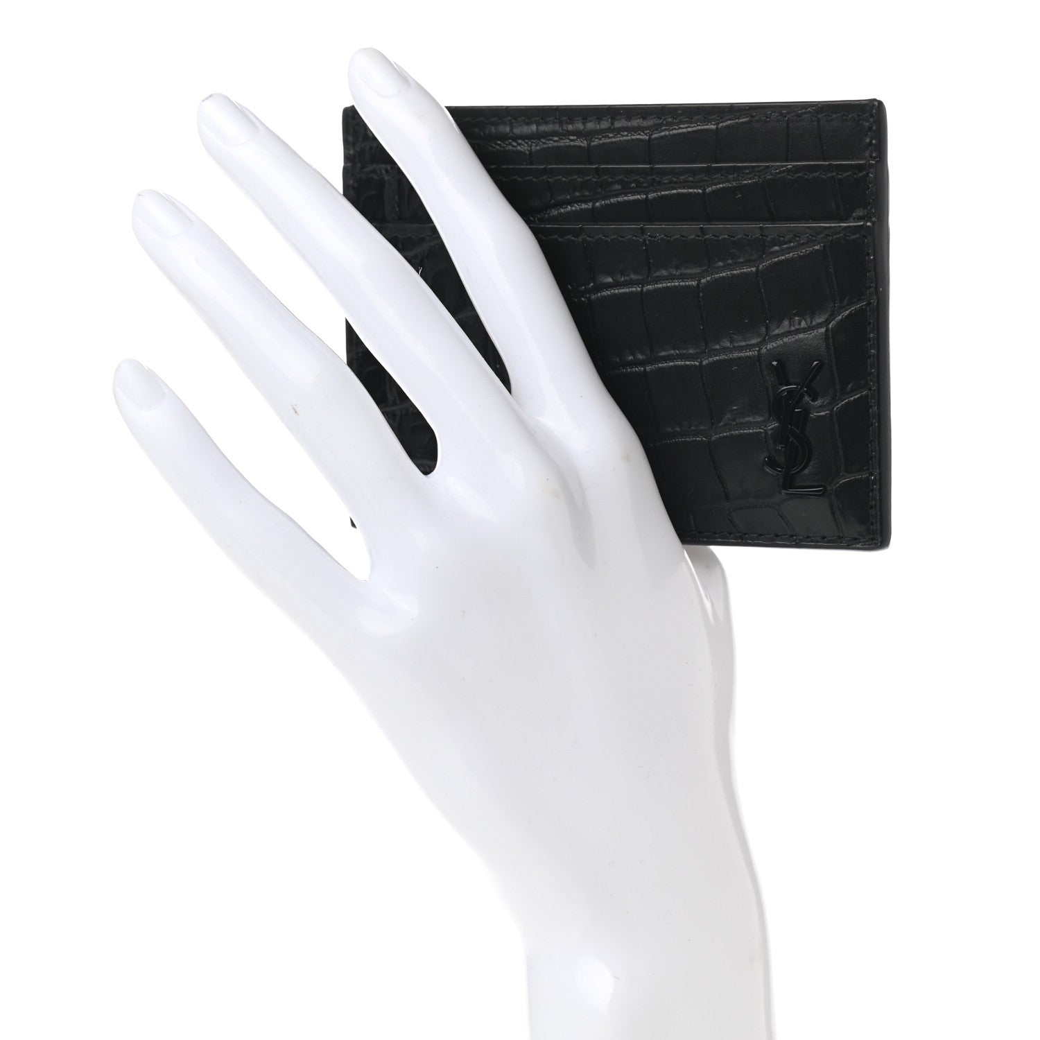Saint Laurent Calfskin Crocodile Embossed Monogram Tiny Cassandra Credit Card Case Black 2 of 8