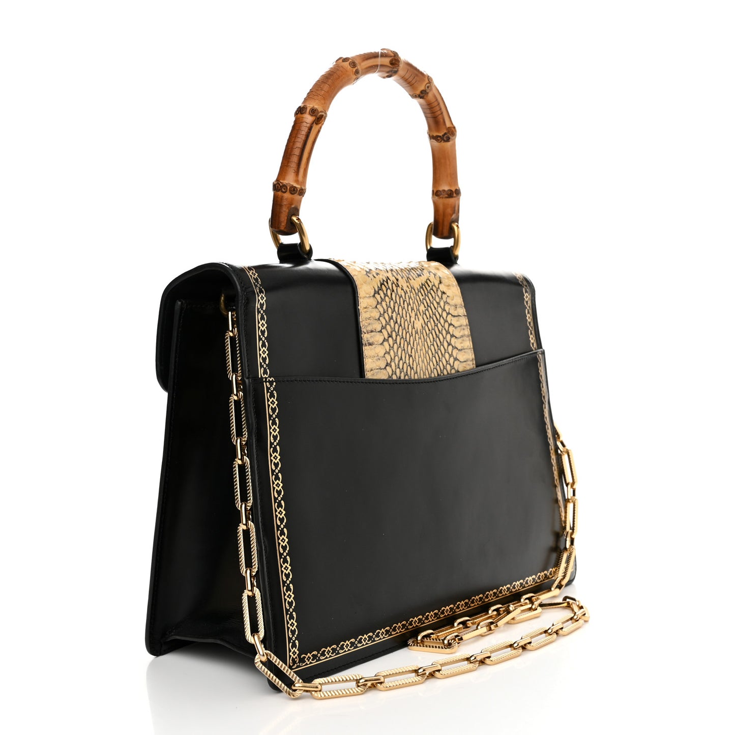 Glossy Calfskin Snakeskin Beetle Print Large Fox Broche Bamboo Top Handle Bag Black