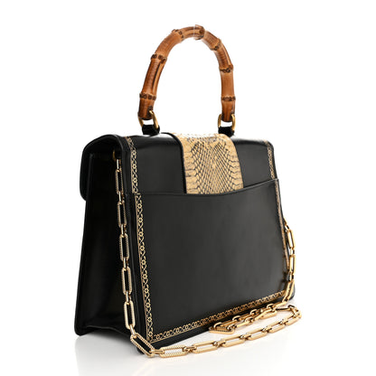 Gucci Glossy Calfskin Snakeskin Beetle Print Large Fox Broche Bamboo Top Handle Bag Black 3 of 10