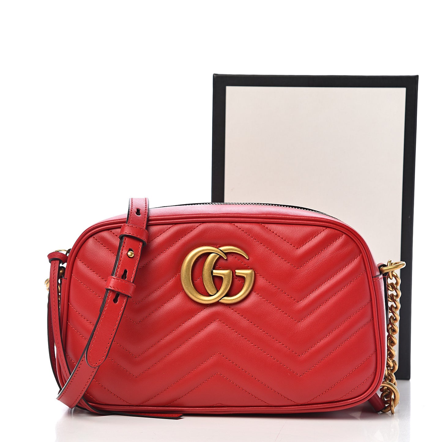 Calfskin Matelasse Small GG Marmont Chain Shoulder Bag Hibiscus Red
