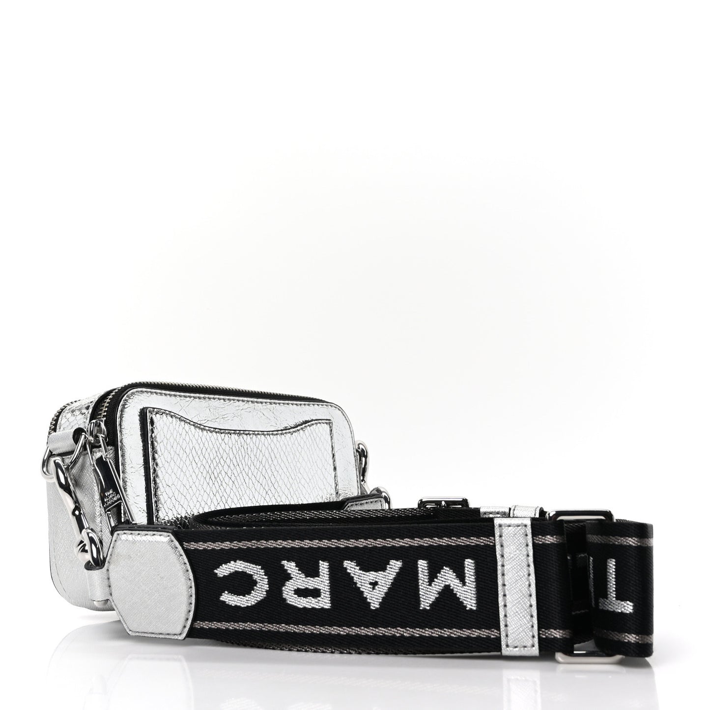 Metallic Sequin Snake Embossed Calfskin Stripe Snapshot Camera Bag Silver