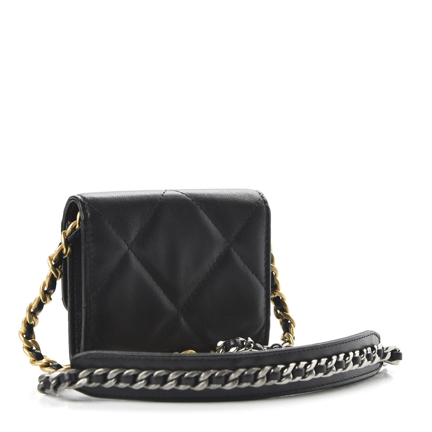 Shiny Goatskin Quilted 19 Flap Coin Purse With Chain Black