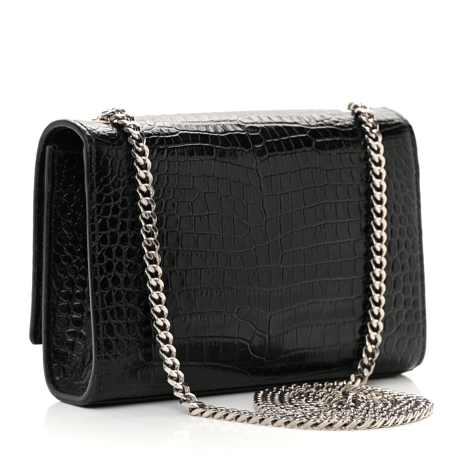 Saint Laurent Calfskin Crocodile Embossed Small Classic Monogram Kate Tassel Satchel Black 3 of 16