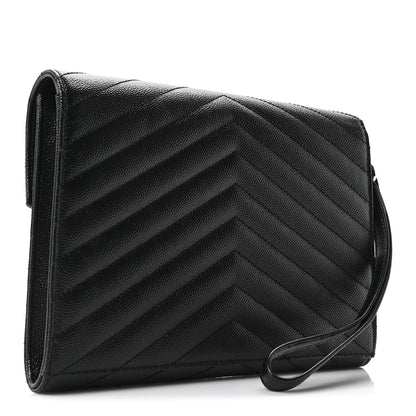 Saint Laurent Grain De Poudre Matelasse Chevron Monogram Envelope Clutch Black 3 of 10