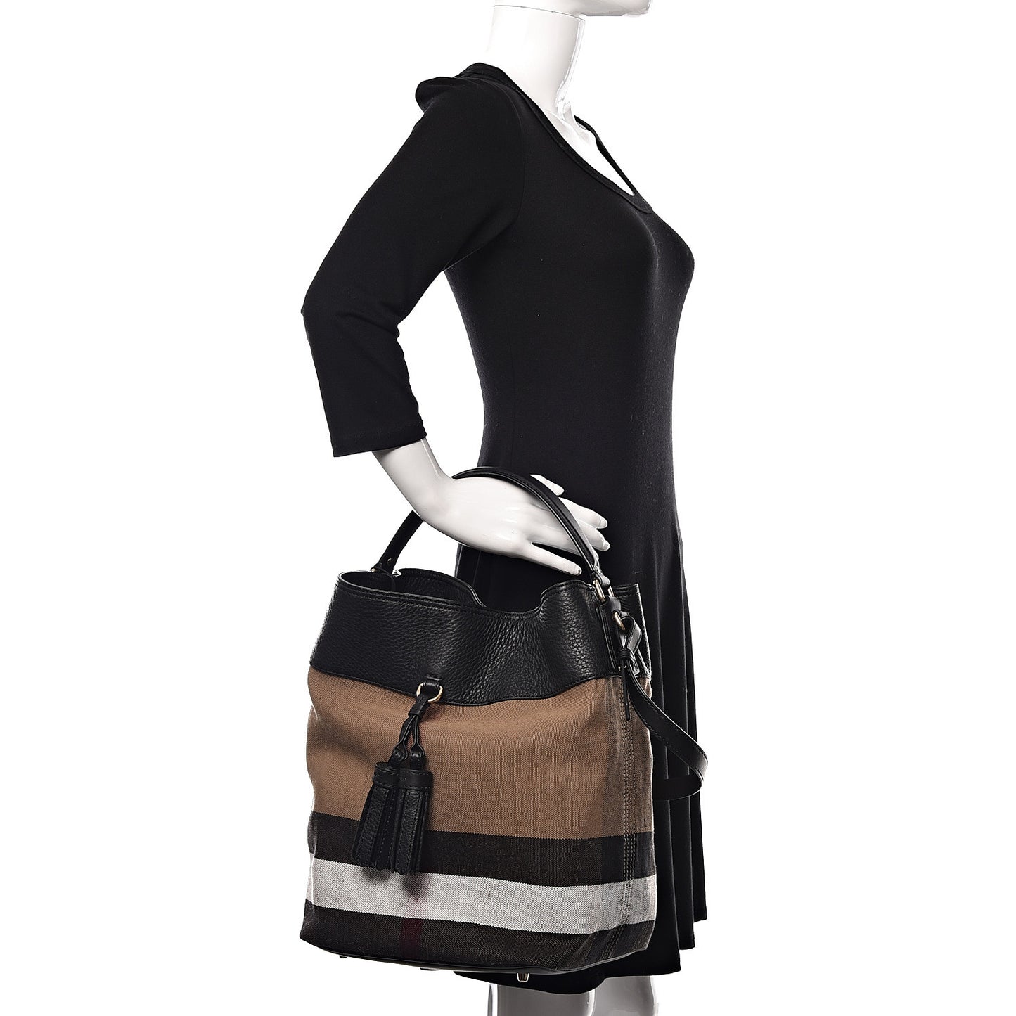 Grainy Calfskin Canvas Mega Check Medium Ashby Tassel Hobo Black