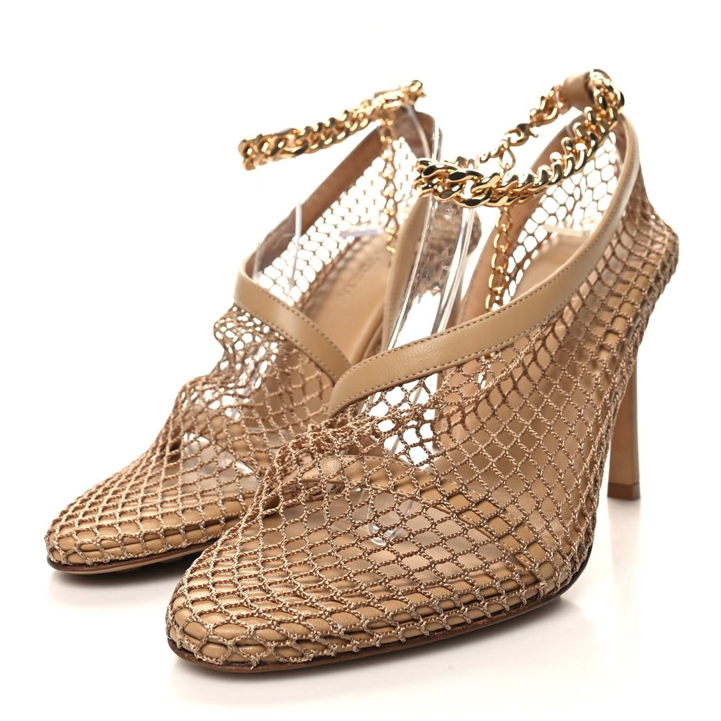 Mesh Calfskin Chain Stretch Pumps 36 Beige