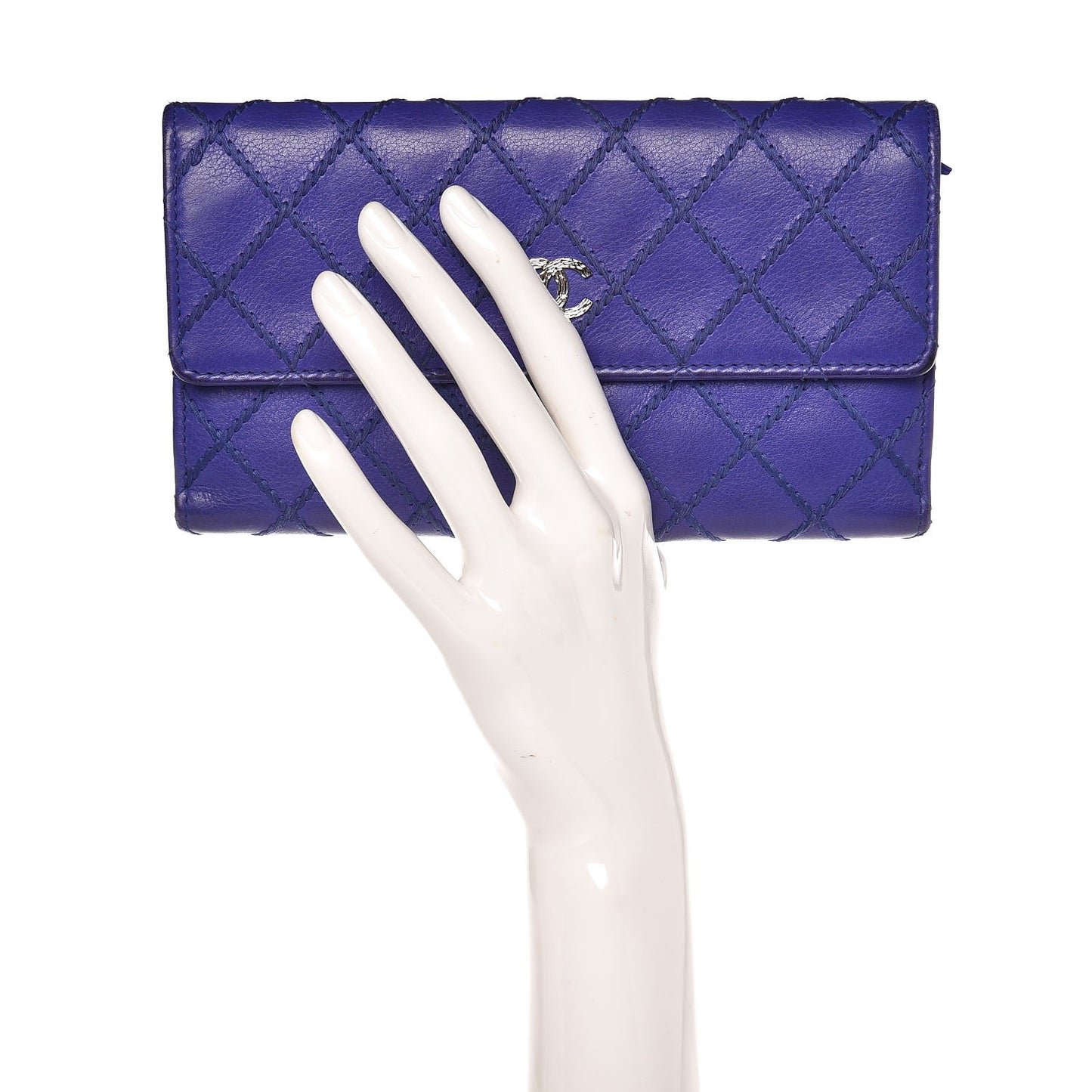 Calfskin Stitched Fancy CC Long Double Wallet Blue