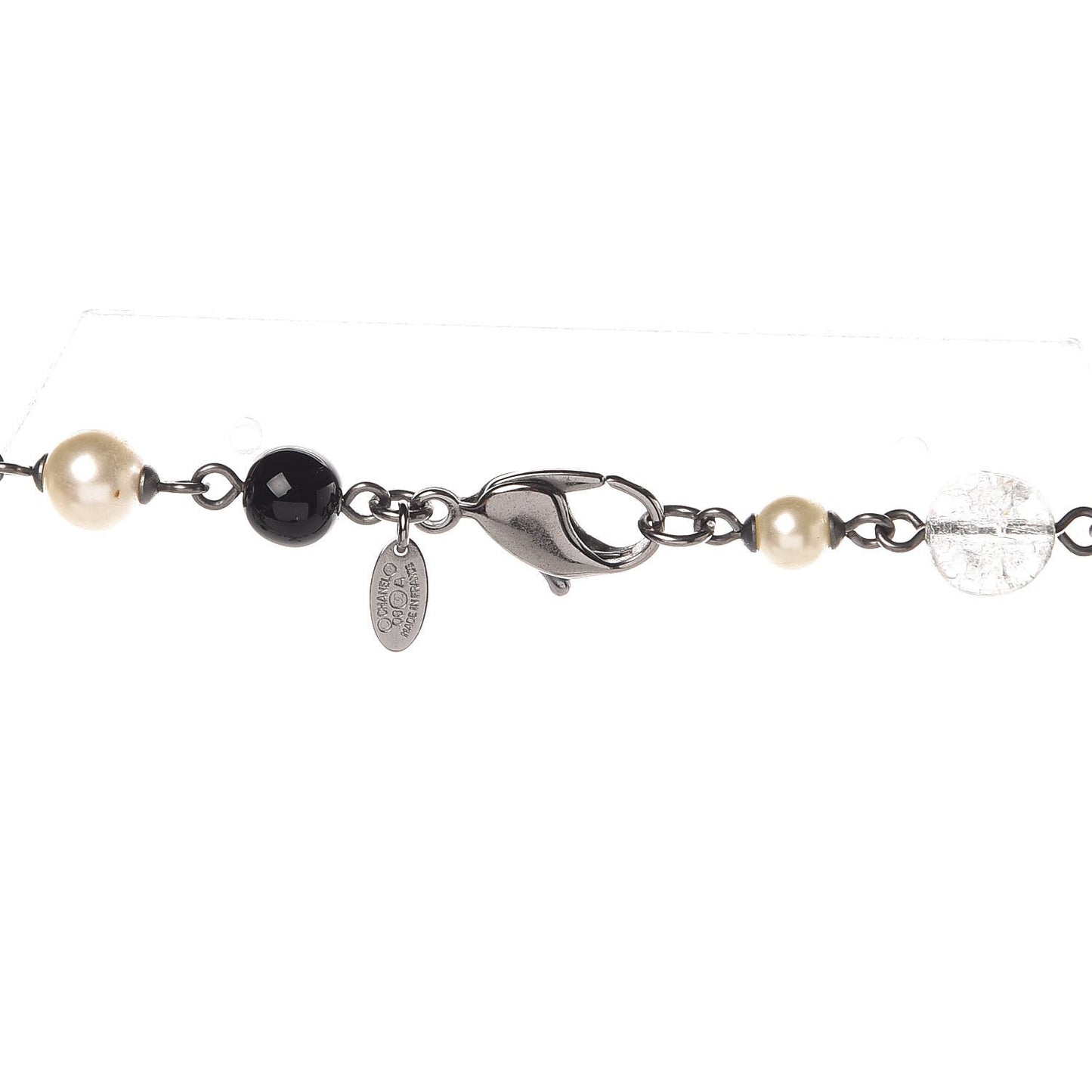 Pearl Crystal Bead CC Long Necklace Black Silver
