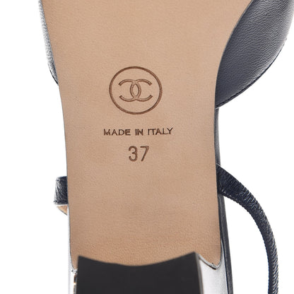 Chanel Lambskin Grosgrain Cap Toe CC Slingback Sandals 37 Navy Black 6 of 9