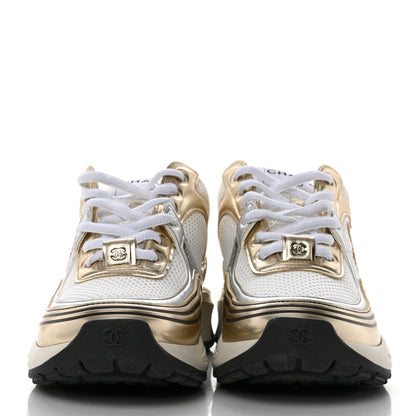 Chanel Fabric Laminated Calfskin Stretch CC Sneakers 36 White Gold Silver 2 of 9