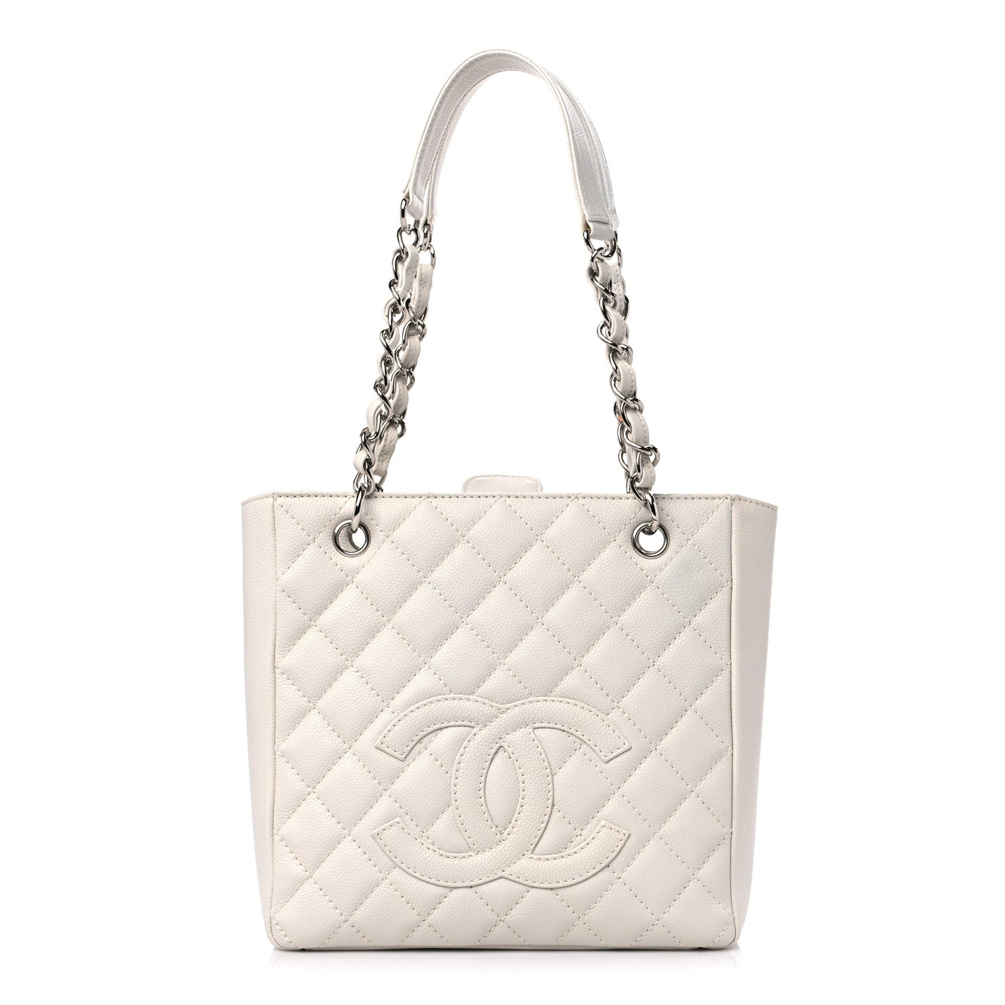 Caviar Quilted Petit Shopping Tote PST White