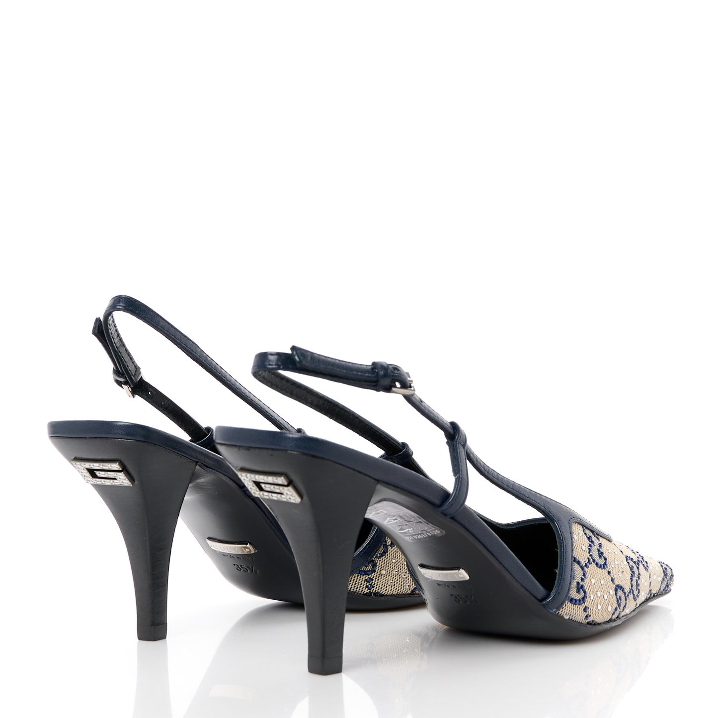 GG Monogram Malaga Kid Crystal Square G 75mm Slingback Pumps 35.5 Beige Blue