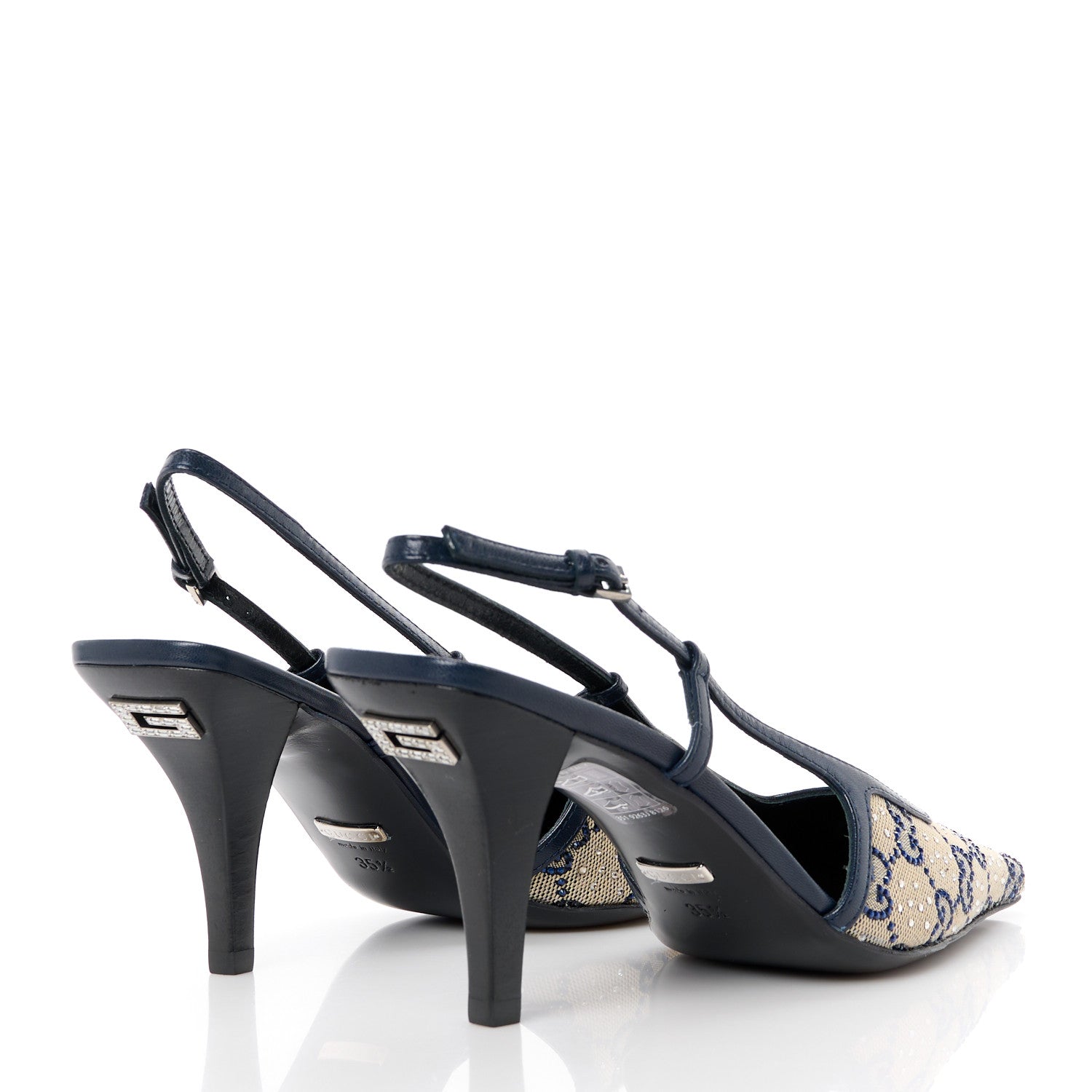 Gucci GG Monogram Malaga Kid Crystal Square G 75mm Slingback Pumps 35.5 Beige Blue 4 of 9