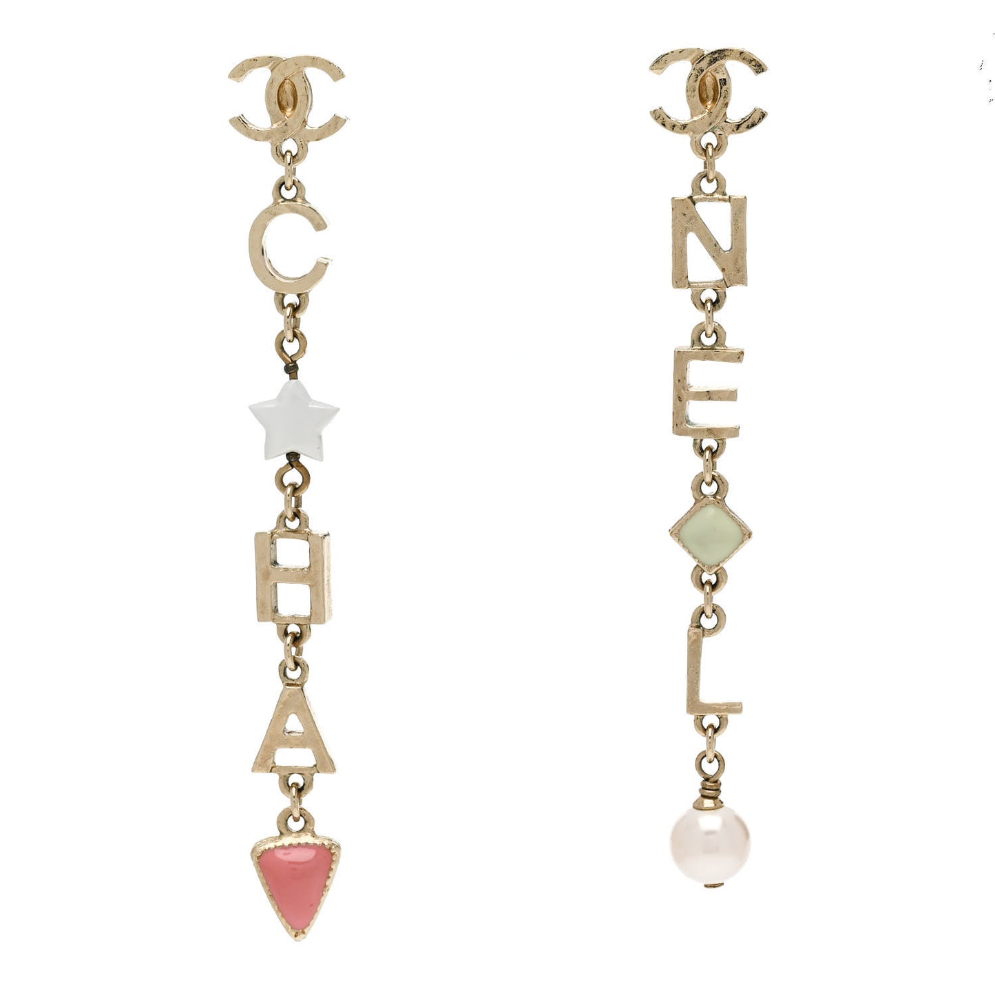Enamel Pearl CC Cha-Nel Drop Earrings Gold