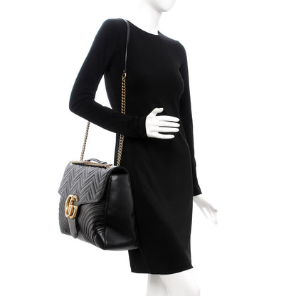 Gucci Calfskin Matelasse Maxi GG Marmont Top Handle Shoulder Bag Black 2 of 10