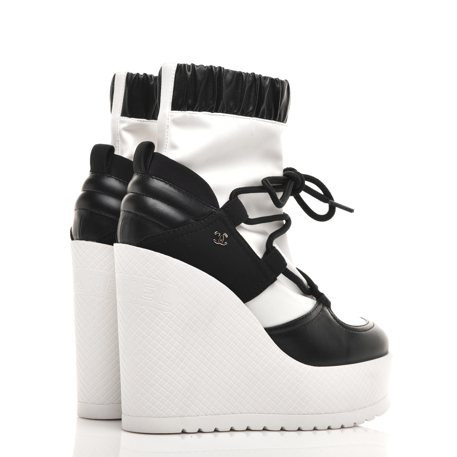 Chanel Calfksin Quilted Lace Up Boots 36.5 White Black 4 of 9