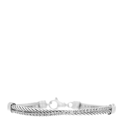 David Yurman Sterling Silver 14K White Gold Diamond 3mm Crossover Bracelet 1 of 4