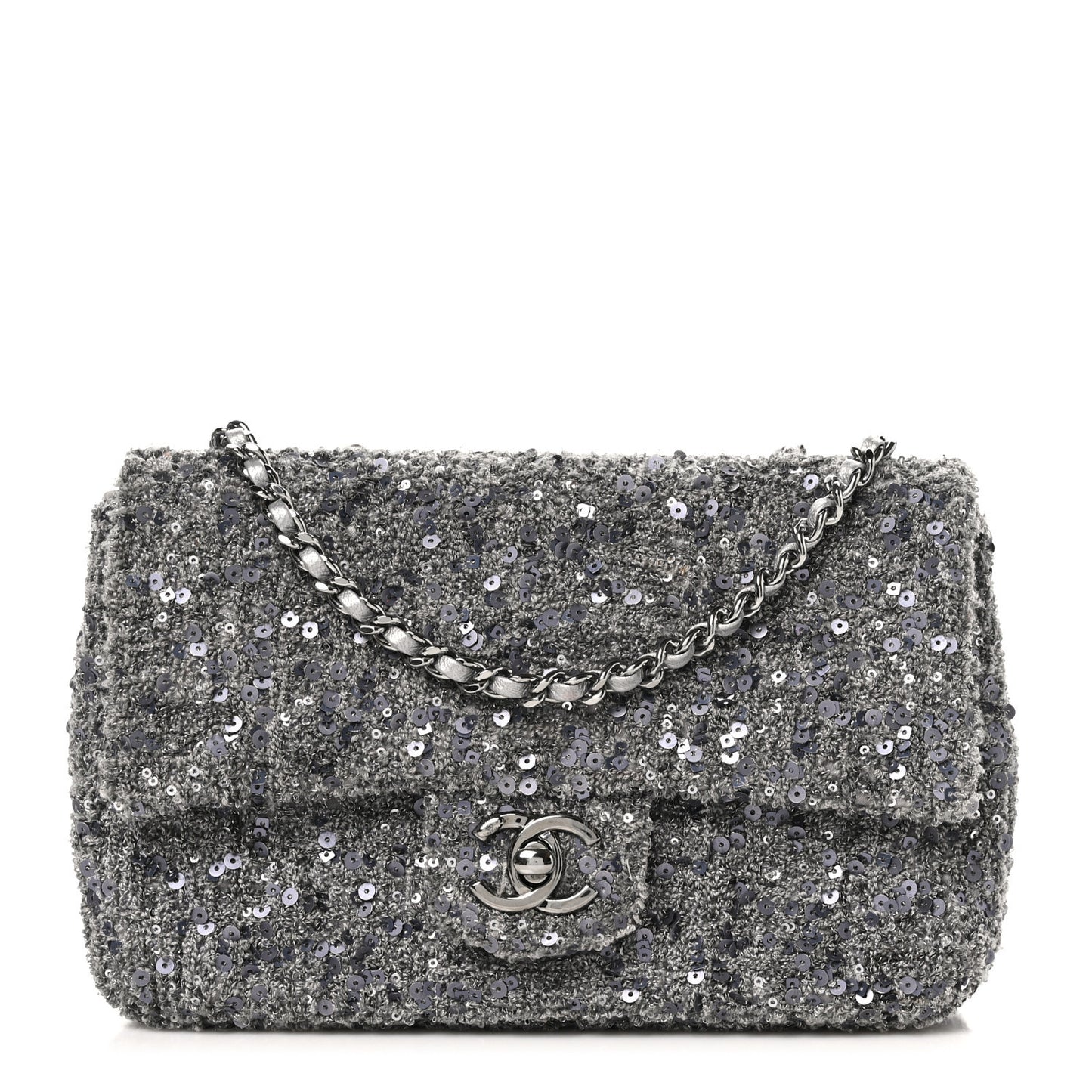 Tweed Sequin Mini Rectangular Flap Grey