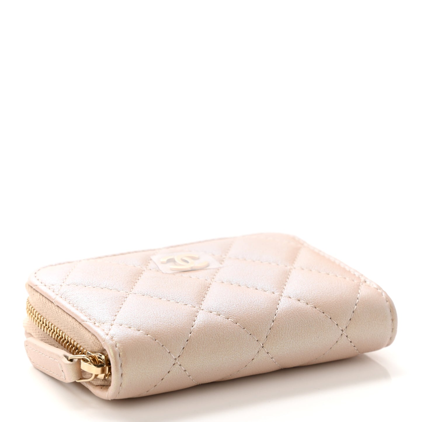 Iridescent Calfskin Quilted Zip Coin Purse Wallet Beige