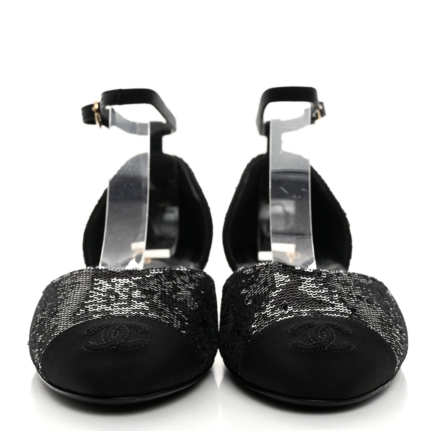 Chanel Sequin Grosgrain CC Cap Toe Ankle Flat 37 Black 2 of 8