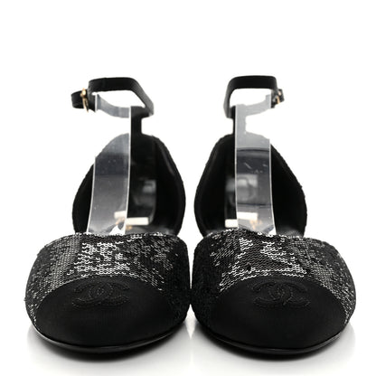 Chanel Sequin Grosgrain CC Cap Toe Ankle Flat 37 Black 2 of 8