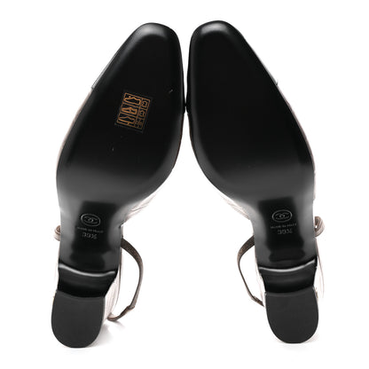 Chanel Calfskin Crocodile Embossed Patent Cap Toe CC Slingback Pumps 39.5 Chocolate Black 5 of 9
