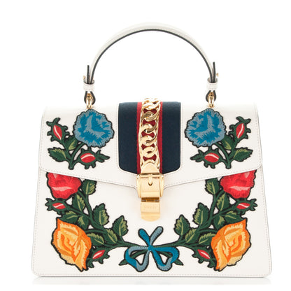 Gucci Calfskin Embroidered Medium Sylvie Top Handle Bag White 1 of 8
