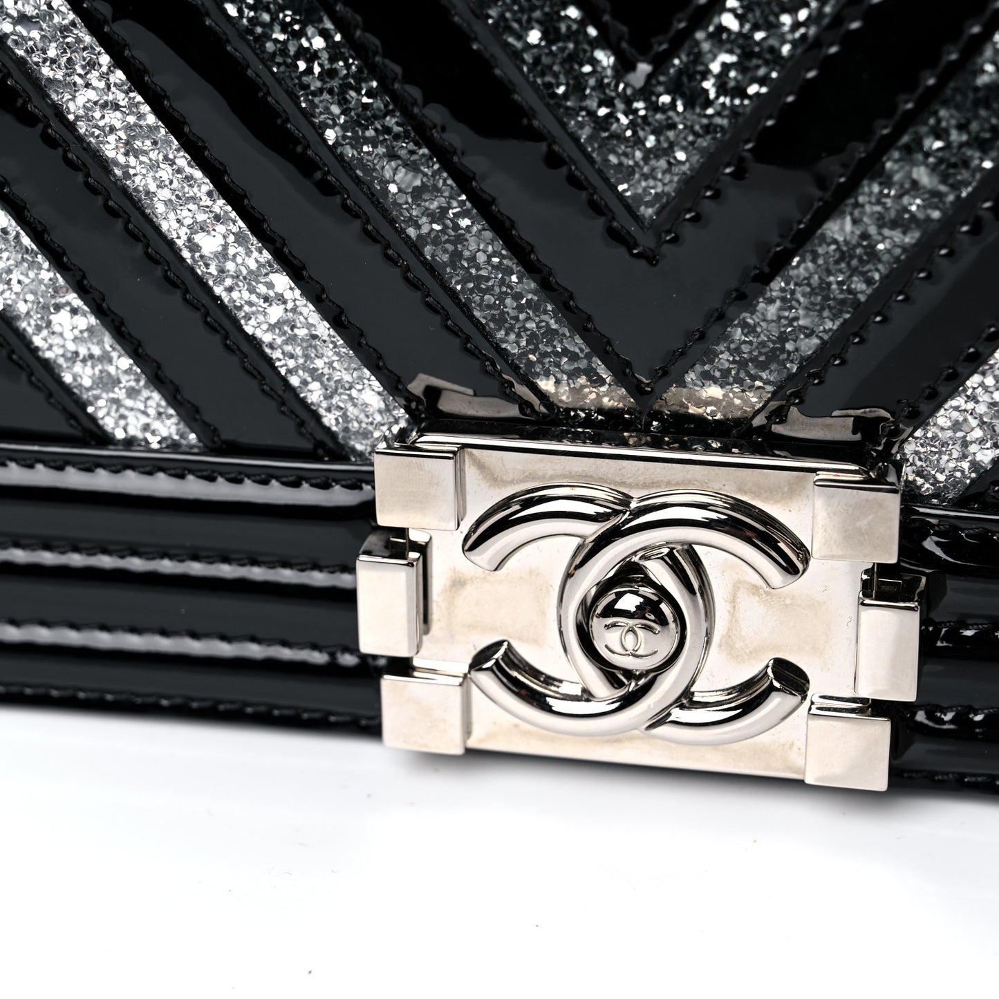 Patent Glitter PVC Chevron Quilted Medium Boy Flap Black Silver