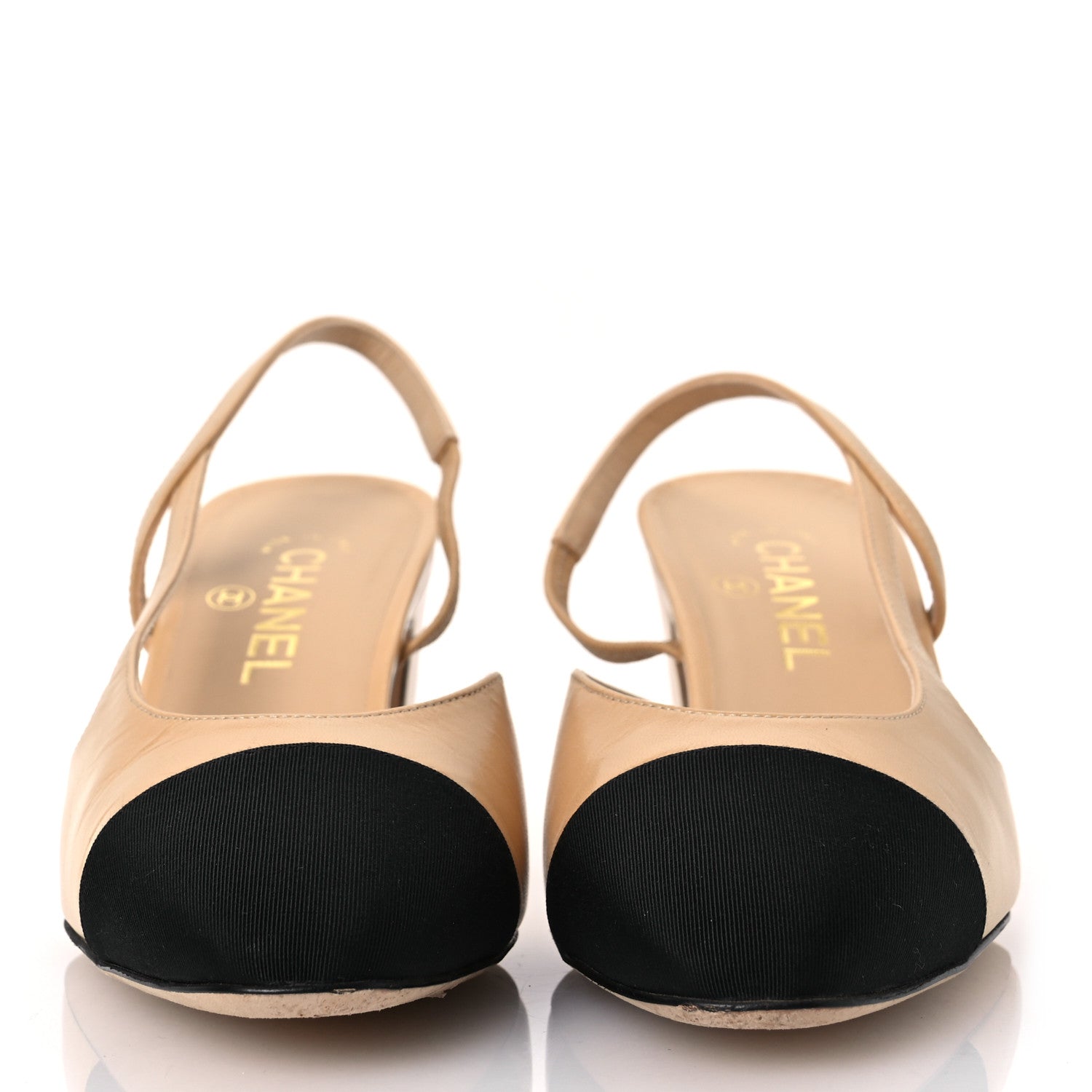 Chanel Goatskin Grosgrain Cap Toe CC Slingback Pumps 40 Beige Black 3 of 12