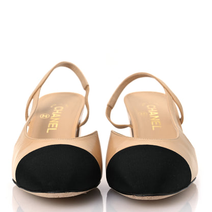 Chanel Goatskin Grosgrain Cap Toe CC Slingback Pumps 40 Beige Black 3 of 12