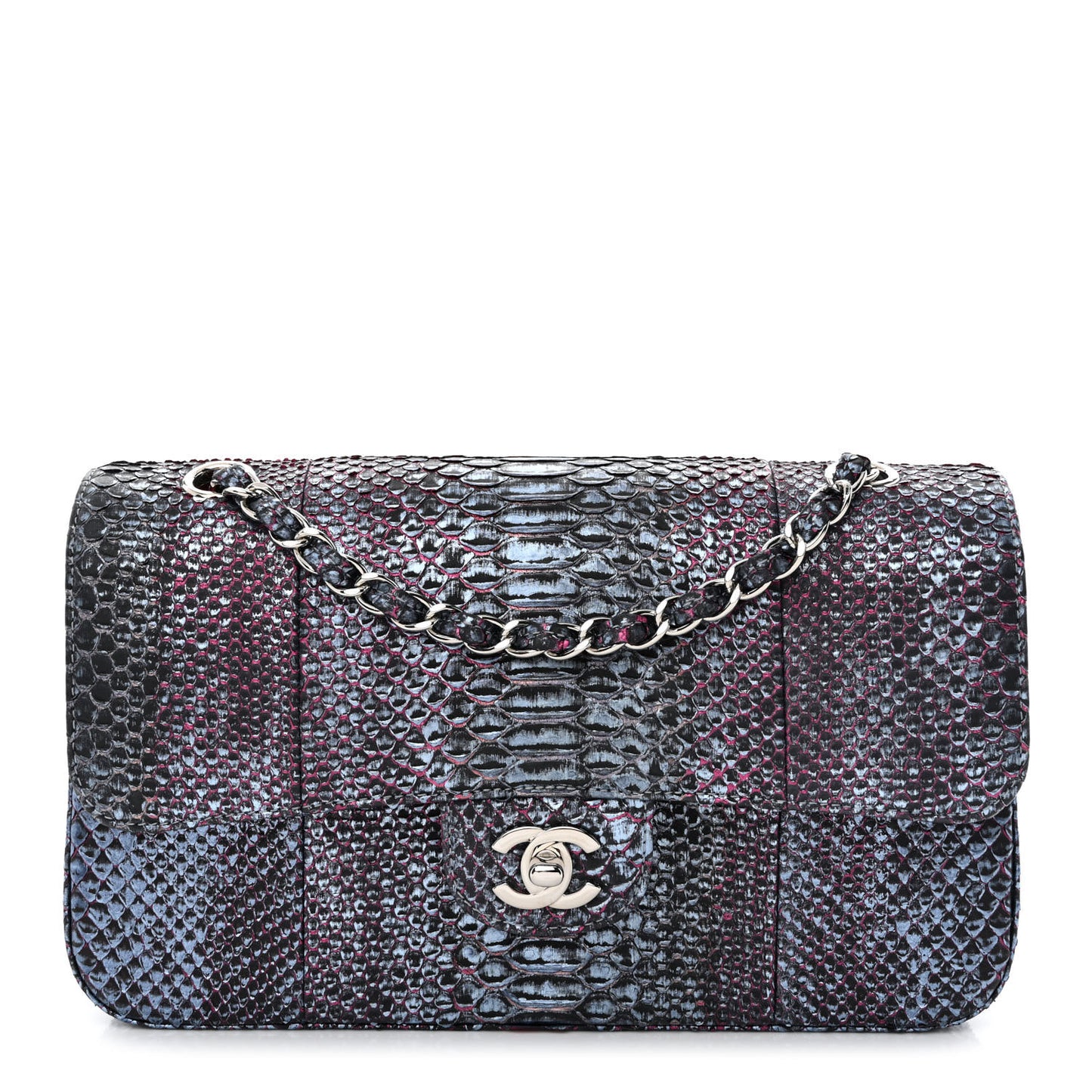 Metallic Snakeskin Medium Double Flap Light Blue Pink