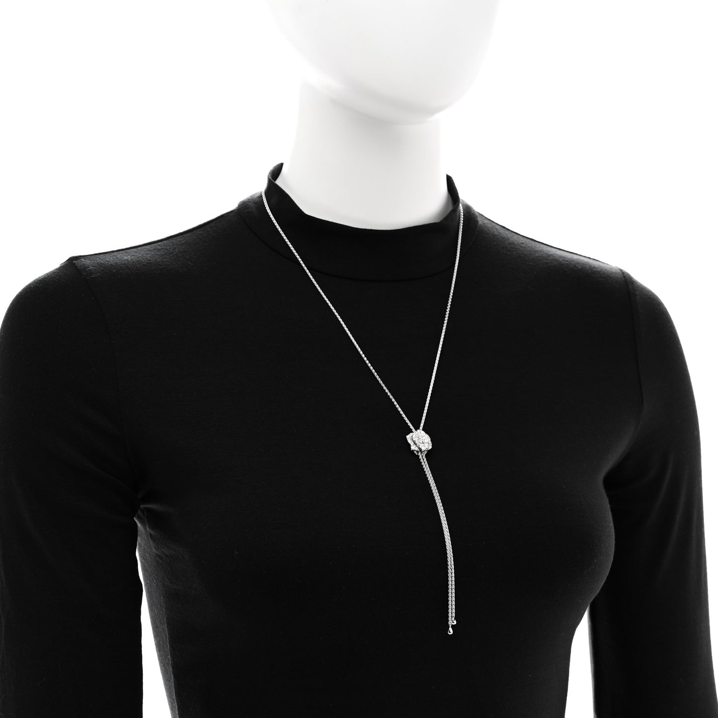 18K White Gold Diamond Rose Lariat Pendant Necklace