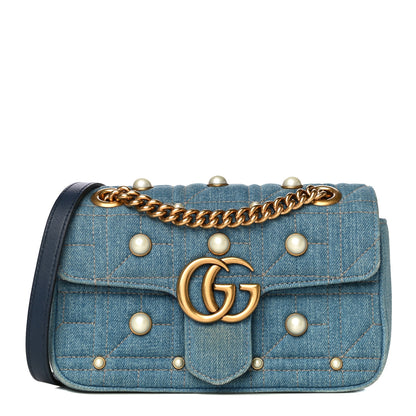 Gucci Denim Matelasse Pearl Studded Mini GG Marmont Shoulder Bag Blue 1 of 15