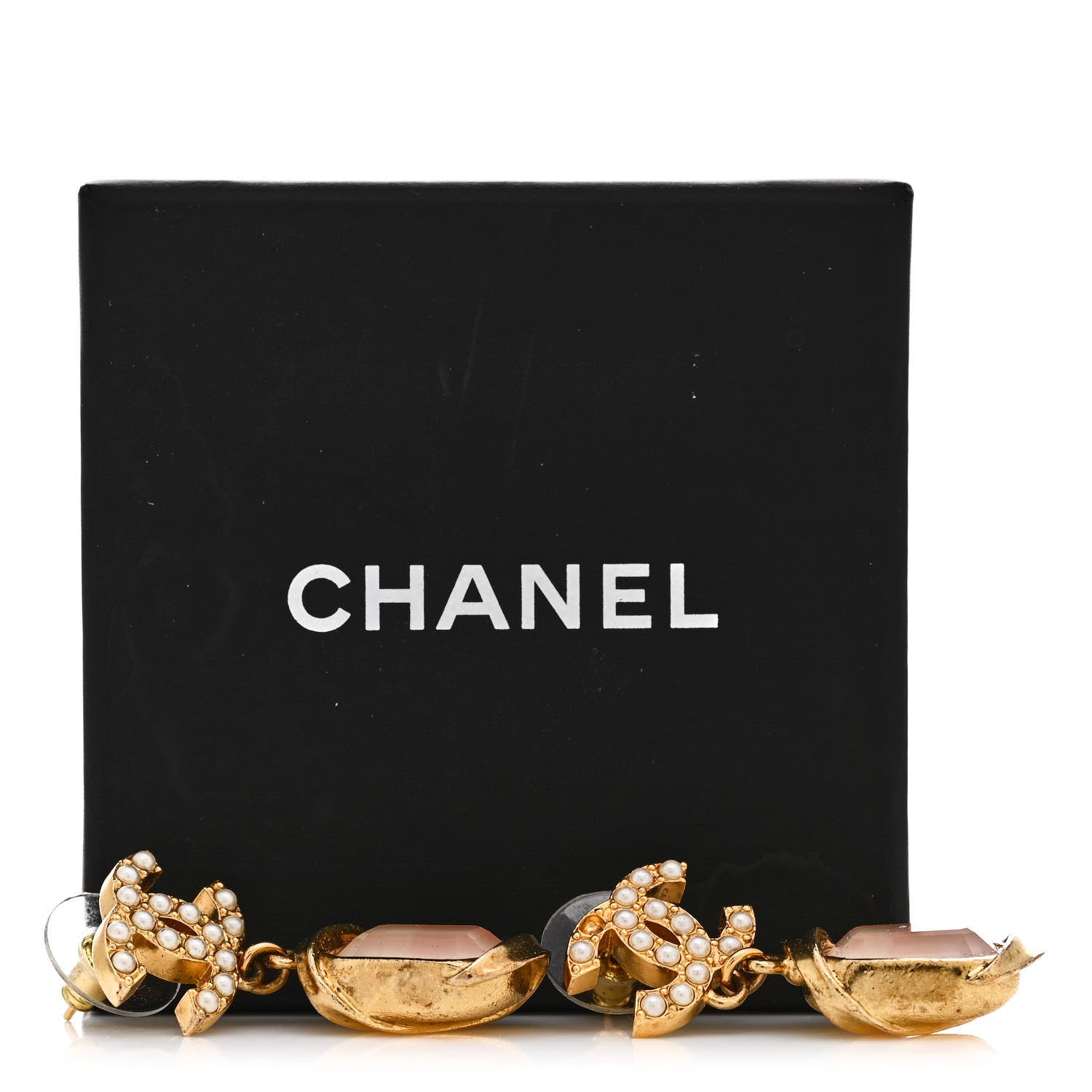 Chanel Metal Crystal Pearl CC Drop Earrings Gold Pink 6 of 6