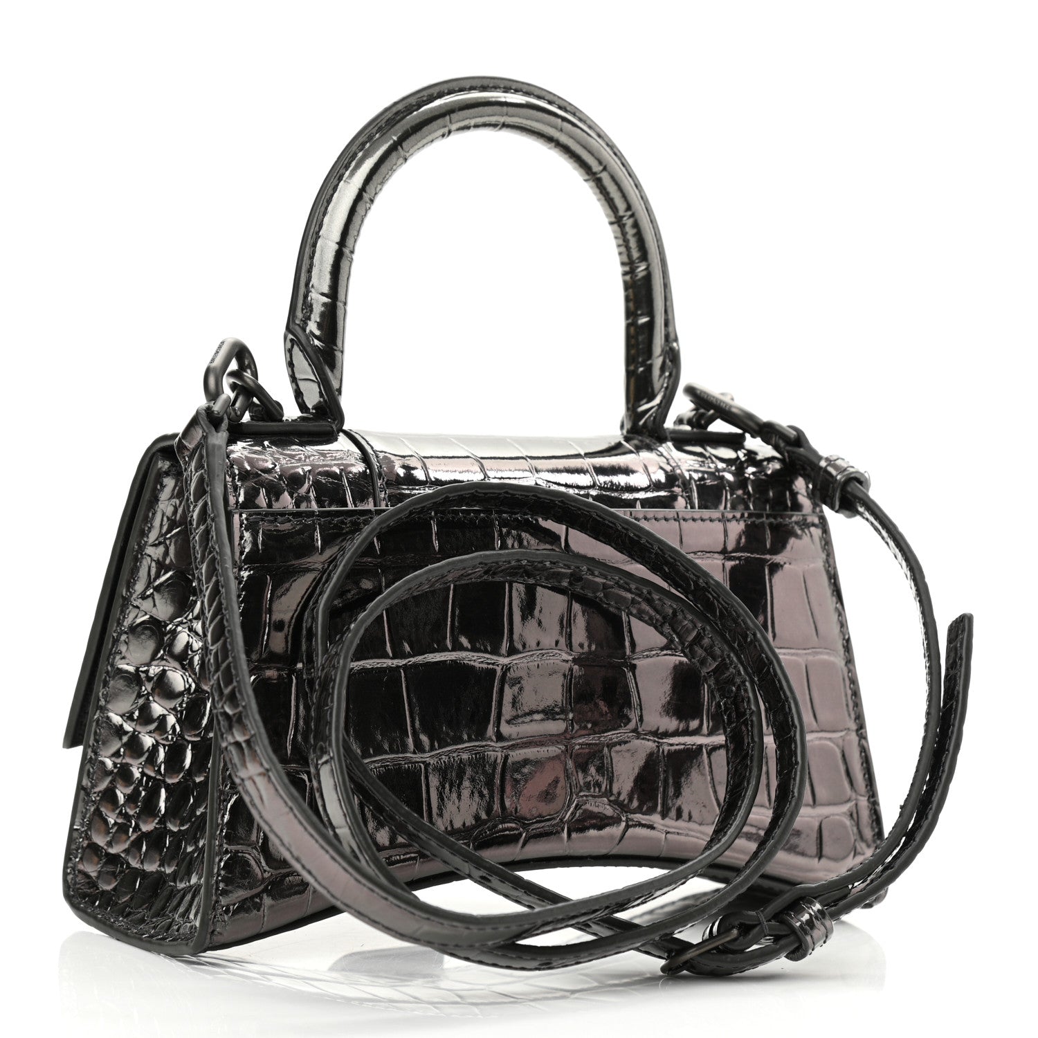 Balenciaga Shiny Calfskin Crocodile Embossed Hourglass Top Handle Bag XS Gunmetal 2 of 11
