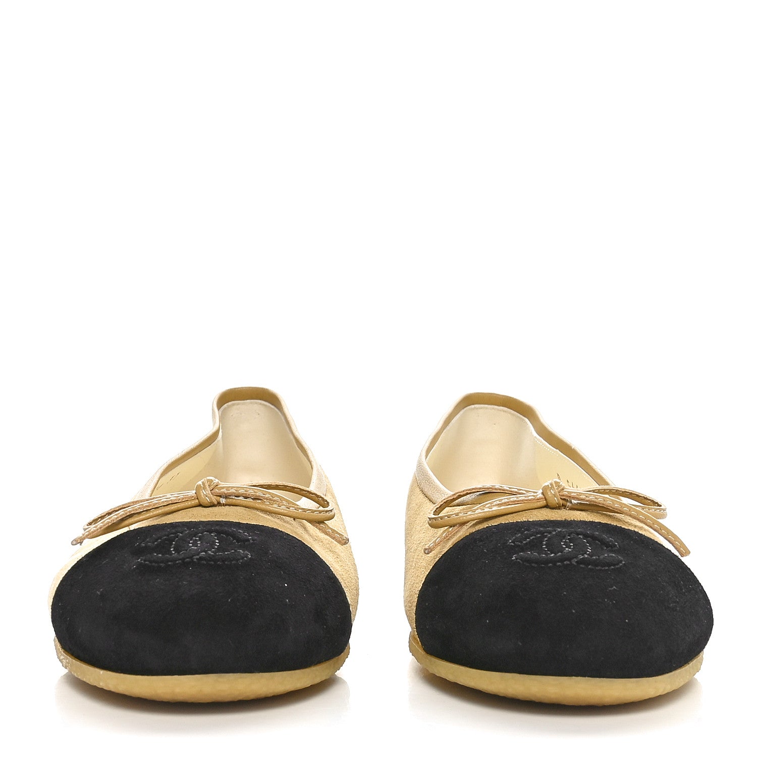 Chanel Suede Cap Toe CC Ballerina Flats 37 Beige Black 2 of 7