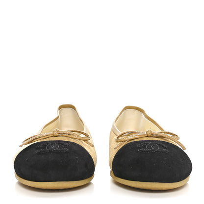 Chanel Suede Cap Toe CC Ballerina Flats 37 Beige Black 2 of 7