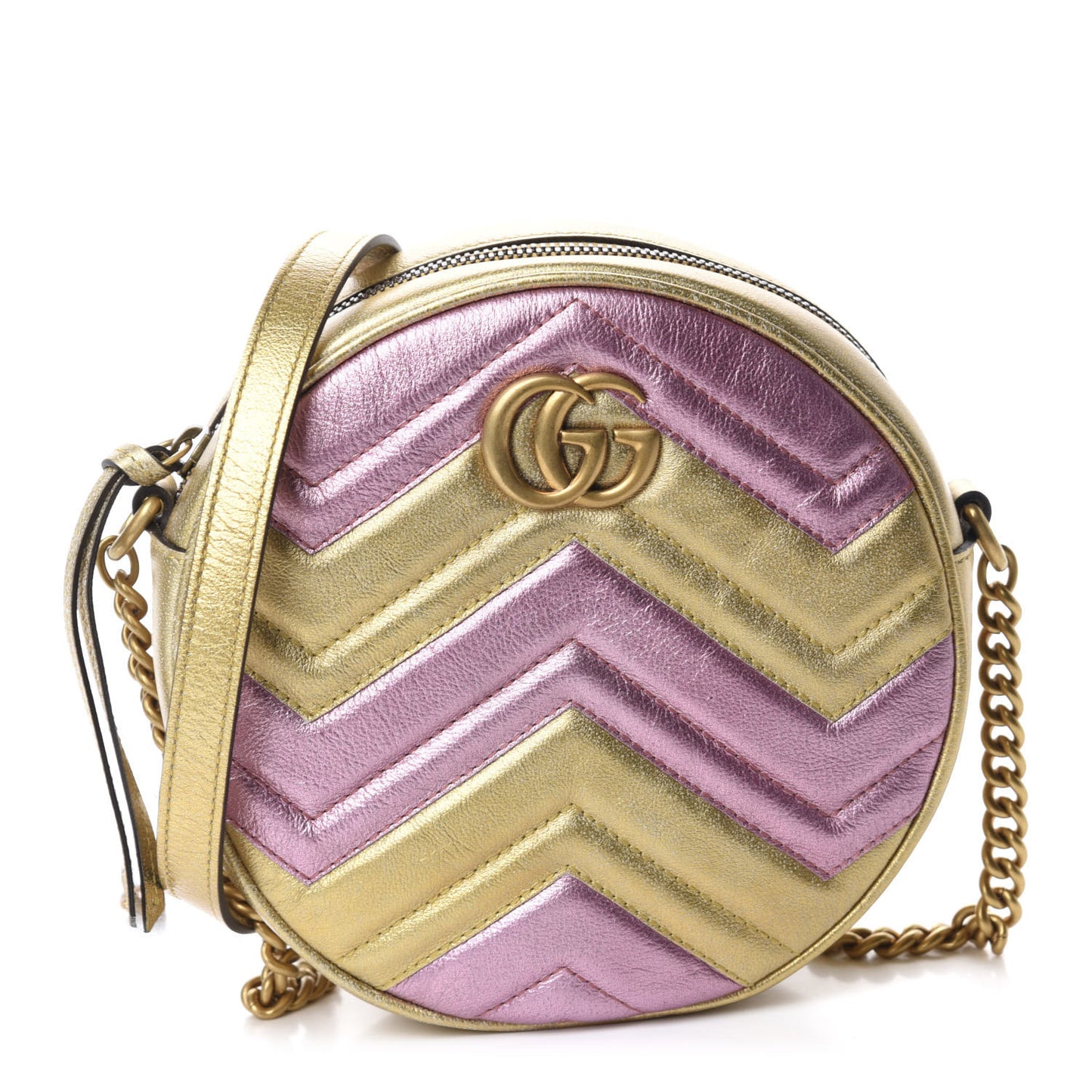 Metallic Calfskin Matelasse Mini GG Marmont Round Shoulder Bag Gold Pink