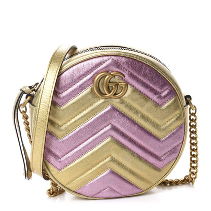 Gucci Metallic Calfskin Matelasse Mini GG Marmont Round Shoulder Bag Gold Pink 1 of 10