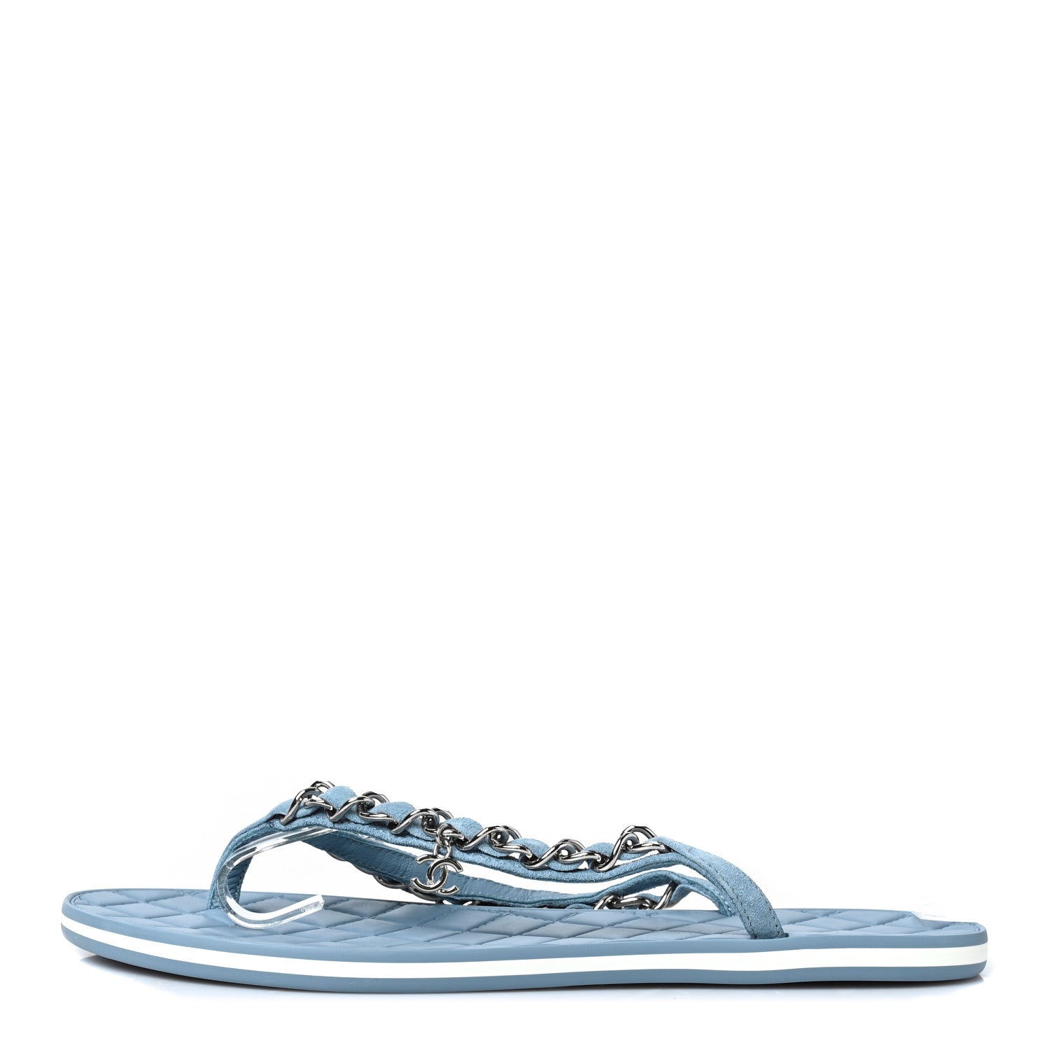 Chanel Suede Calfskin Quilted Chain Thong Sandals 38 Light Blue 1 of 8