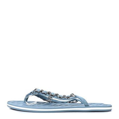 Chanel Suede Calfskin Quilted Chain Thong Sandals 38 Light Blue 1 of 8