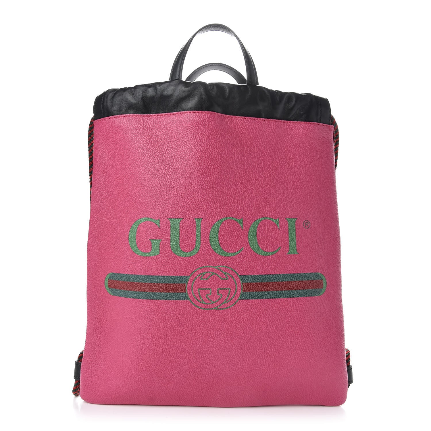 Gucci Grained Calfskin Logo Drawstring Backpack Box Pink Green Black 2 of 9