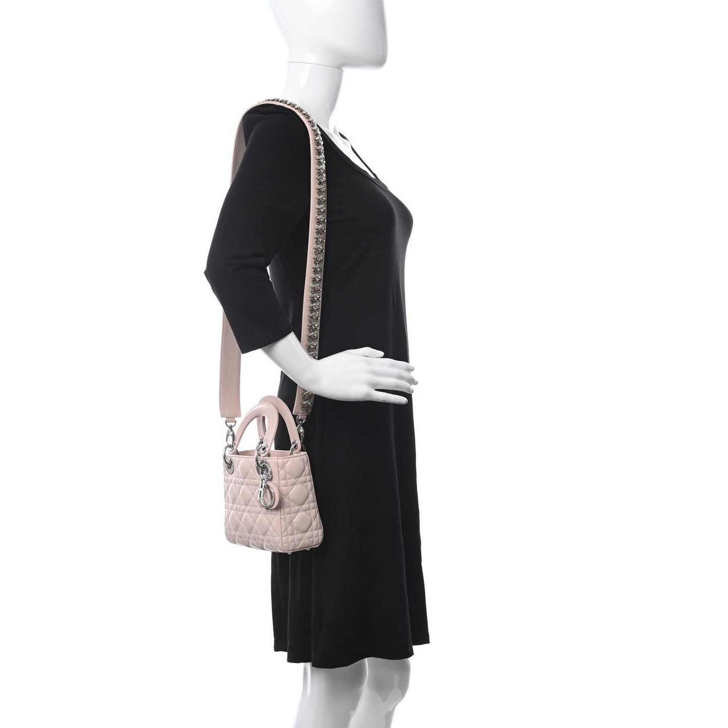 Lambskin Cannage Mini Lady Dior Crystal Strap Rose Poudre