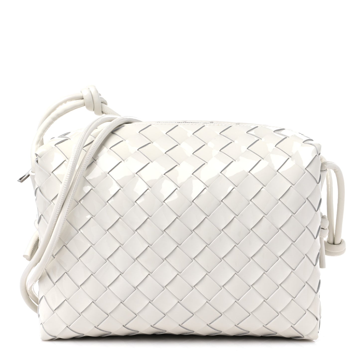 Patent Calfskin Intrecciato Small Loop Camera Bag White