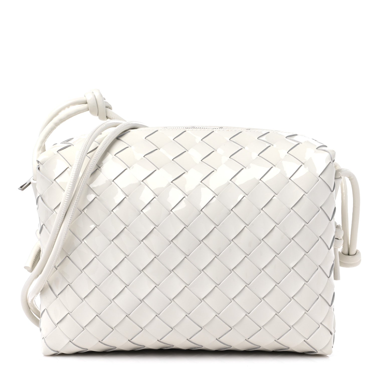 Bottega Veneta Patent Calfskin Intrecciato Small Loop Camera Bag White 1 of 10