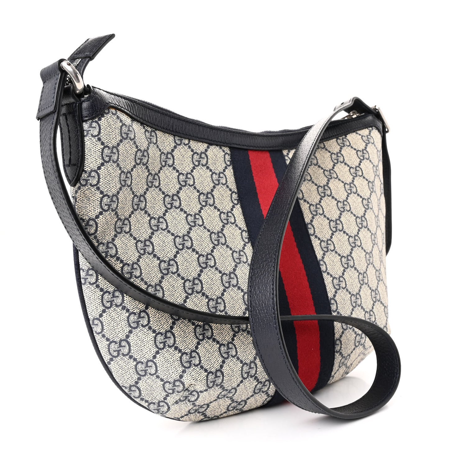 GG Supreme Monogram Textured Dollar Calfskin Web Small Ophidia Half Moon Hobo Beige Blue